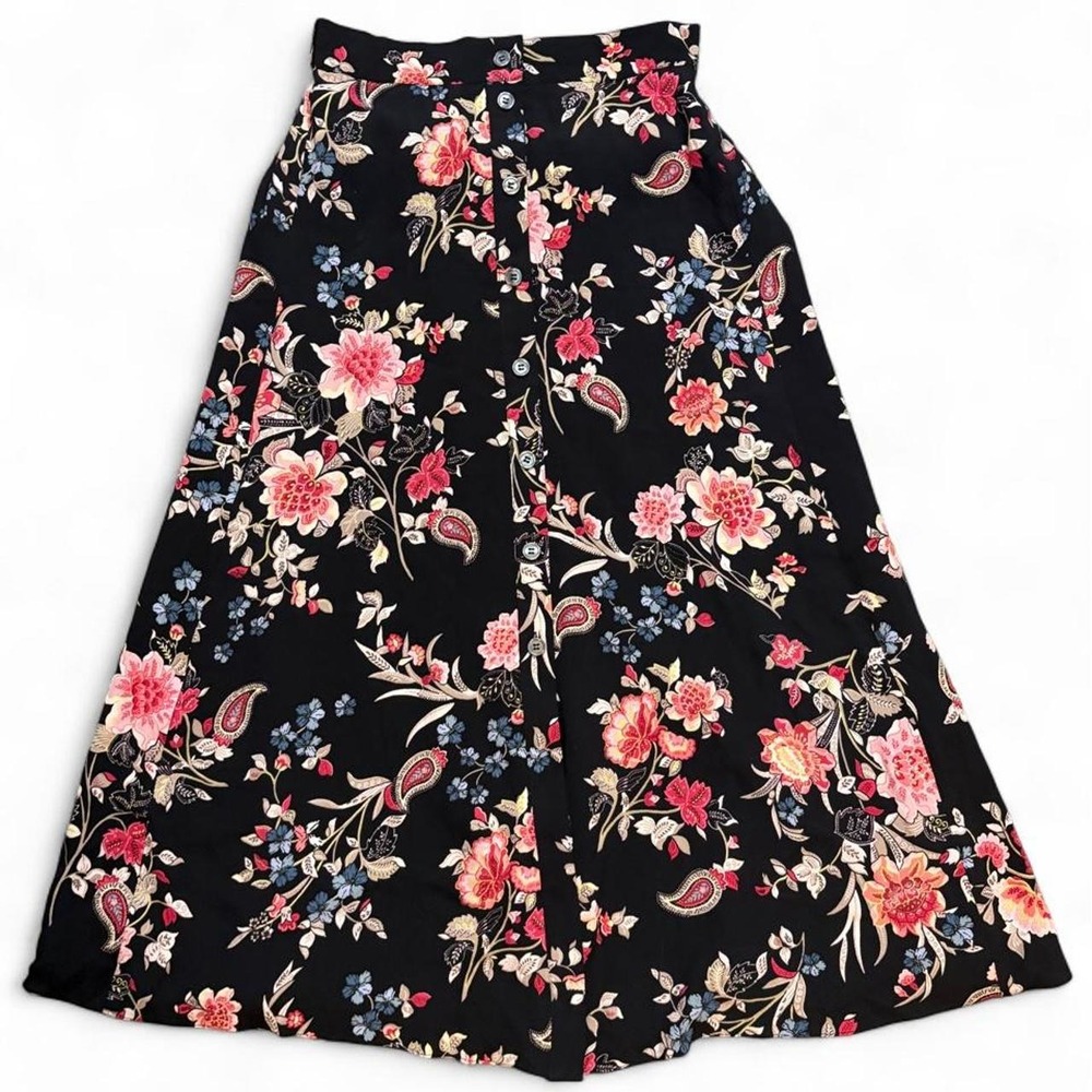 LOFT Black Floral Paisley Maxi Skirt XS Boho Button Front Cottagecore